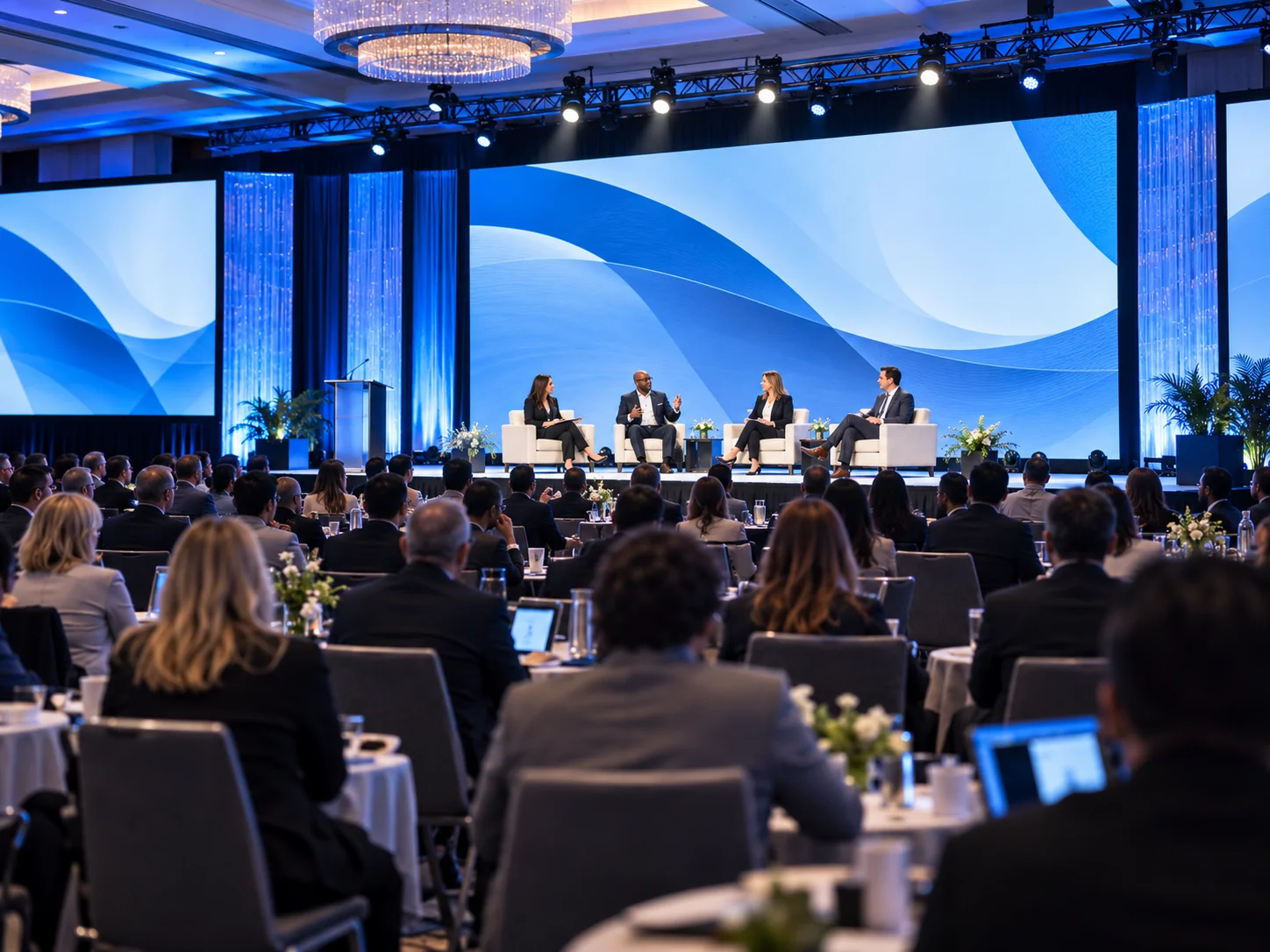 DXG association conference production with panel stage seating, lighting, and engaged attendee audience