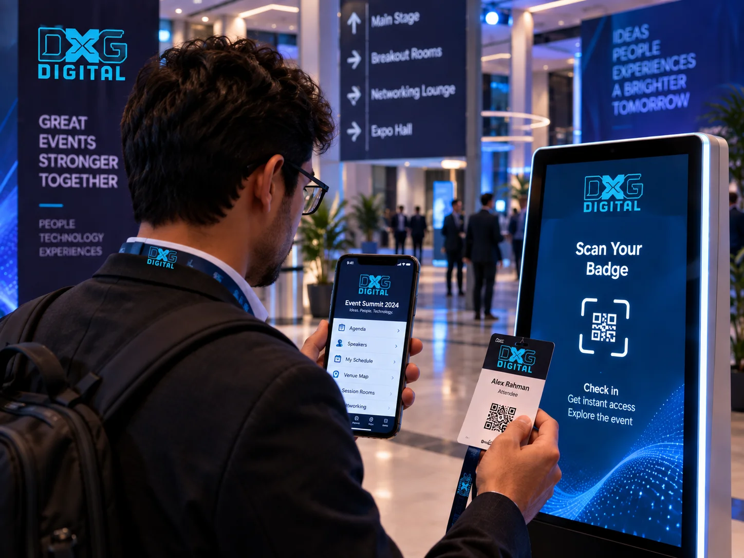 Event Mobile App & Digital Signage Integration Attendee scanning badge QR code at interactive digital kiosk while holding customized event app with live agenda and session room directions.