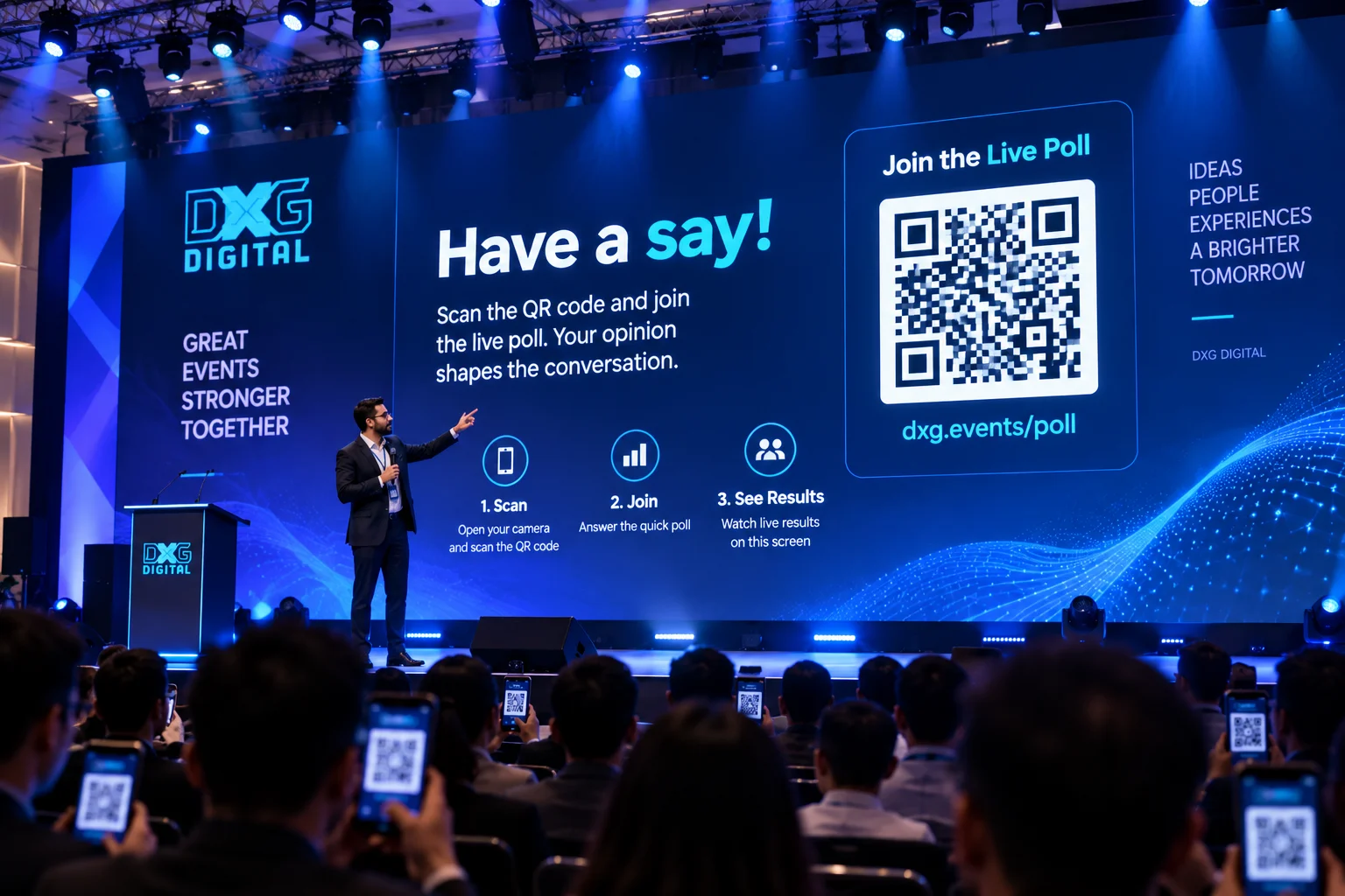 On-Screen QR & Polling Prompt Keynote speaker pointing to large QR code on stage screen encouraging instant audience participation.