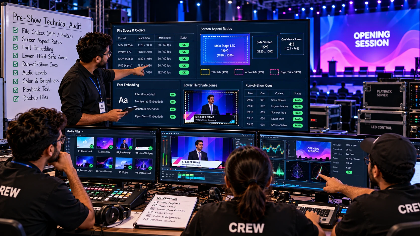 Pre show event content audit evaluating screen aspect ratios, font embedding, and file codecs