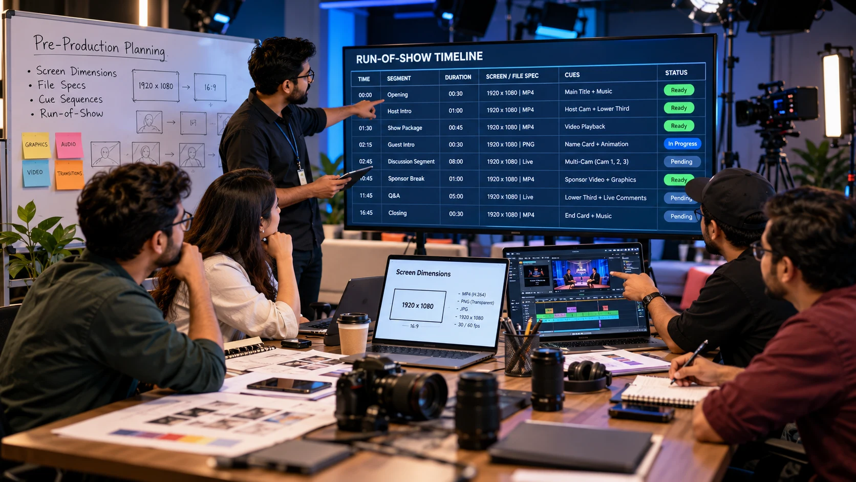 DXG content producers aligning master run of show timeline with LED screen display specifications