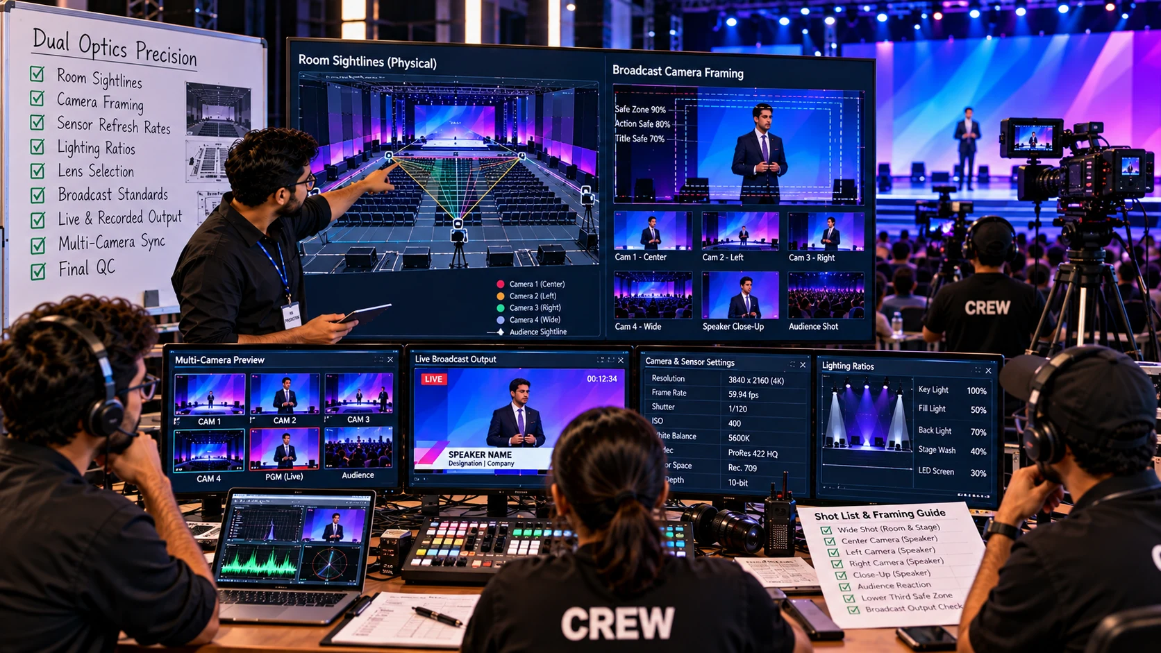 General session stage environment designed with dual optics for ballroom attendees and broadcast cameras