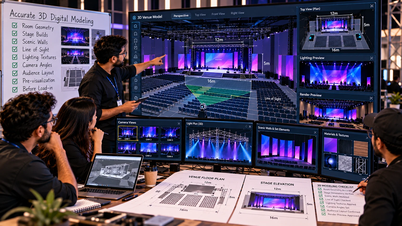 3D event pre-visualization rendering showing ballroom LED stage layout, sightlines, and lighting