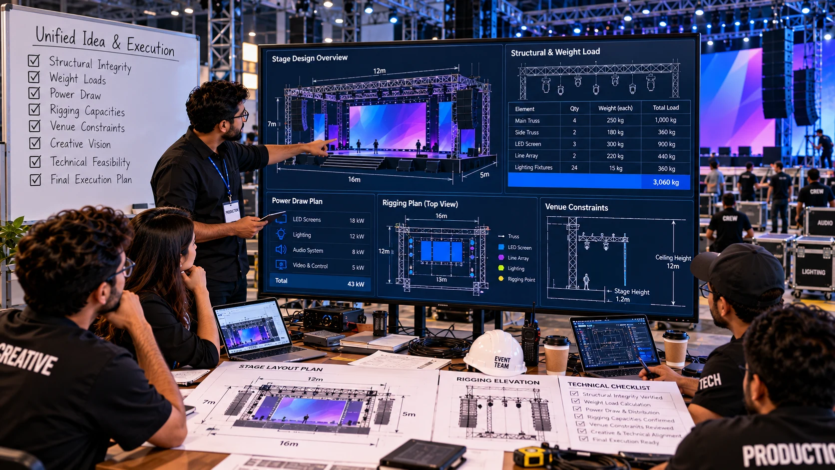 DXG spatial designers and technical producers connecting creative concept with ballroom technical planning
