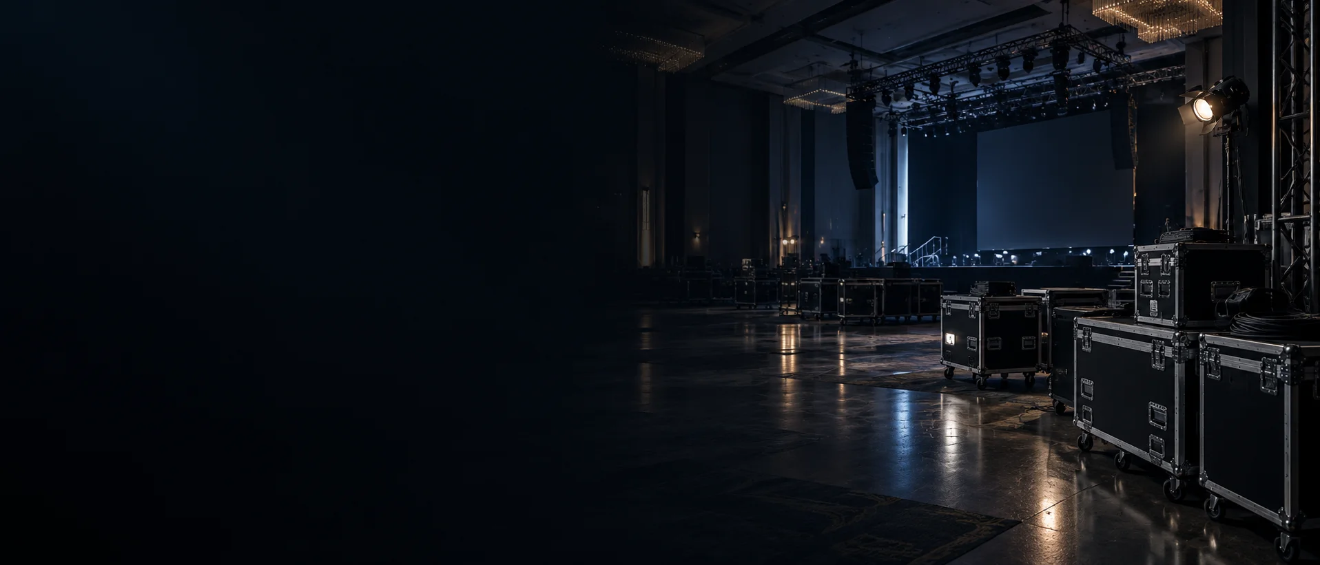 Quiet empty ballroom with equipment flight cases lined up before event load-in