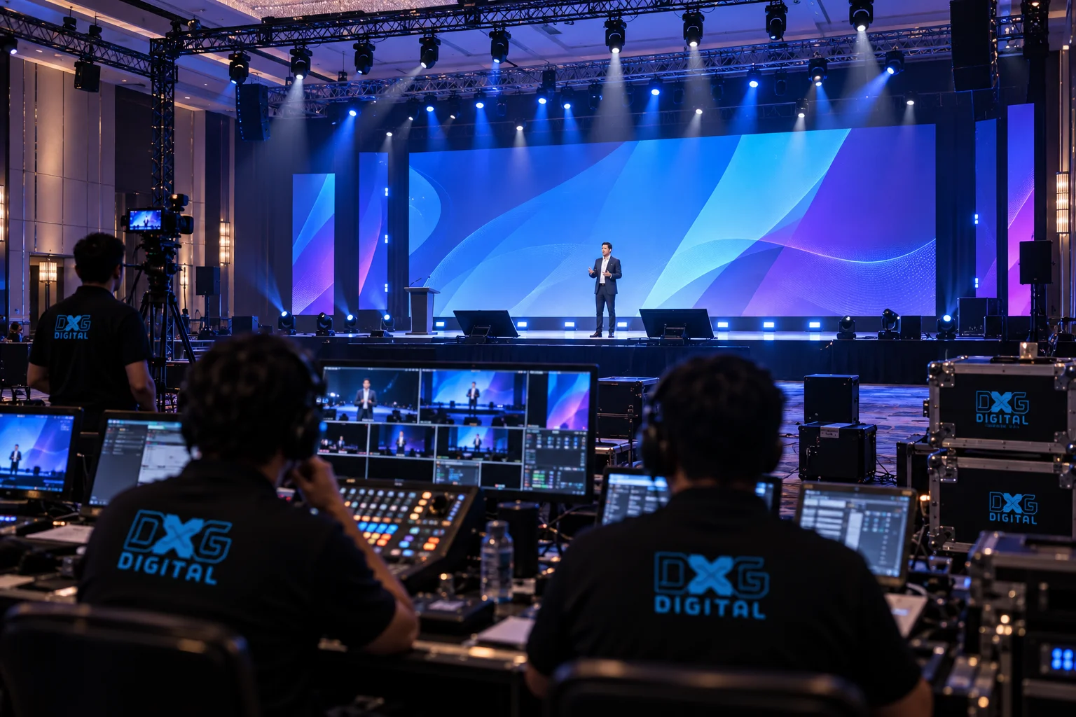 Live event general session keynote with bright LED display wall and engaged audience