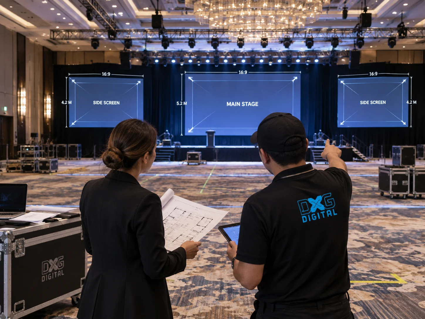 Event planner and DXG production manager reviewing floor plan during venue setup