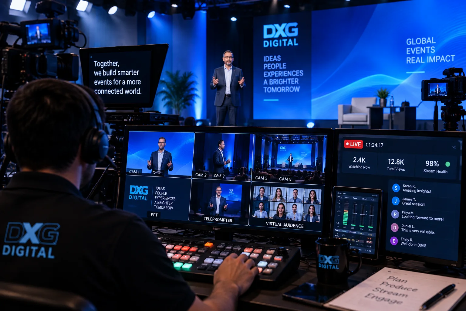 Executive Livestream Broadcast Corporate executive delivering keynote to virtual audience with teleprompter and multi-camera studio switching.