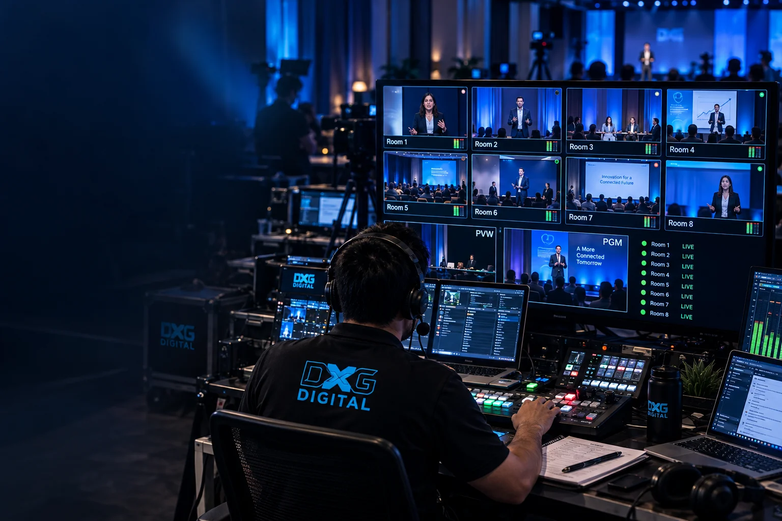 Multi-Room Stream Operations Simultaneous breakout streaming management console overseeing 8 concurrent track feeds.