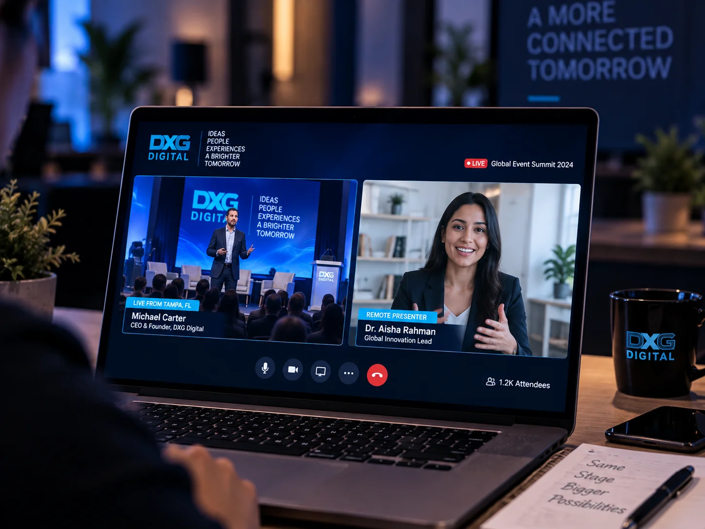 Remote Attendee Stream View & Lower Thirds Side-by-side comparison of live keynote speaker on stage in the ballroom alongside a remote presenter connected via broadcast video stream with branded lower thirds.