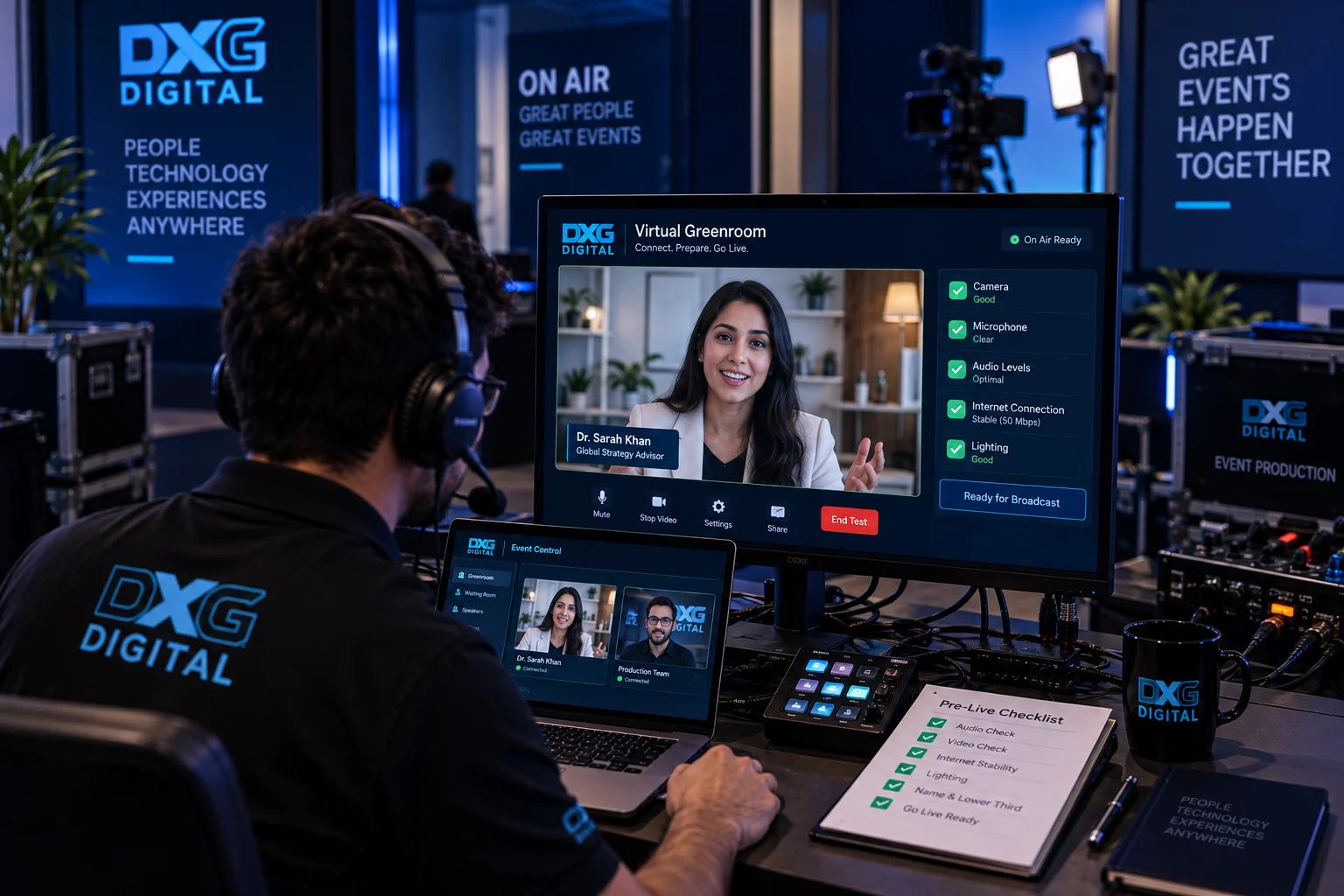 Remote Speaker Virtual Greenroom Check DXG technician conducting audio-video check with remote panelist joining via virtual greenroom.