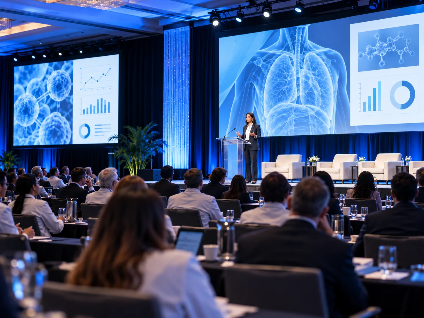 DXG medical meeting production with anatomy presentation visuals and auditorium seating